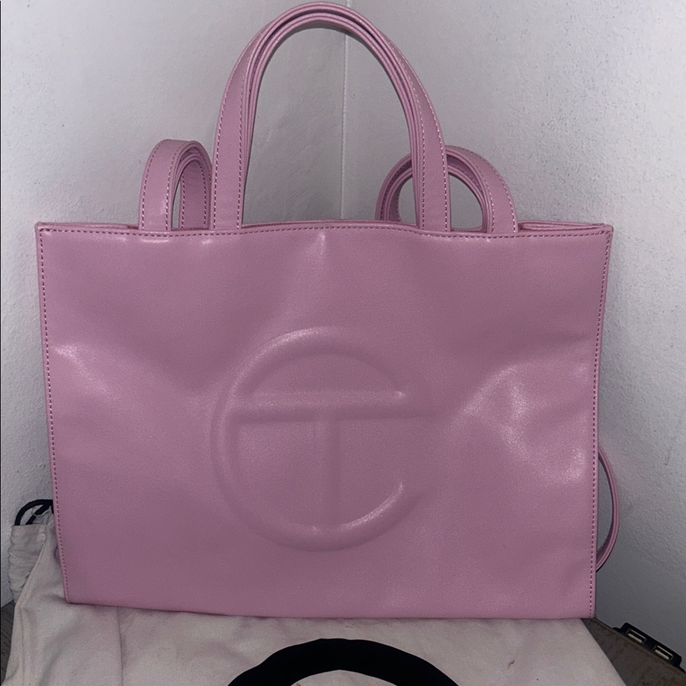 Telfar Pink Leather Shopping Tote with Embossed Logo
